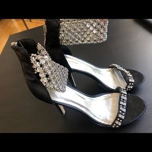 Black Satin Stilettos with Diamond Detail